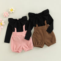 【Forever CY Baby】Kids Girls Shorts Set, Long Sleeve Ruffled T-Shirt With Plaid Suspender Shorts Casual Outfit