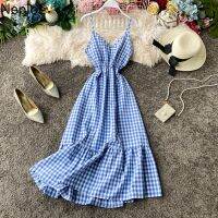 Neploe High Waist Plaid A Line Vestido Holiday Beach Elegant Ruffles Sleeveless Spaghetti Strap Dress V Neck Summer 2023 Ropa