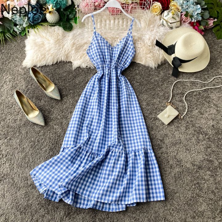 Neploe Đầm Eo Cao Xếp Nếp Thanh Lịch Đi Biển Kỳ Nghỉ Hè Không Tay Dây Mảnh  Kẻ Sọc Chữ A Vestido Cổ Chữ V Mùa Hè 2023 Ropa 