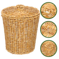 Mlinstudio การเลียนแบบ Rattan รอบตะกร้าห้องน้ำ Sundries ตะกร้าตะกร้าที่มีฝาปิด