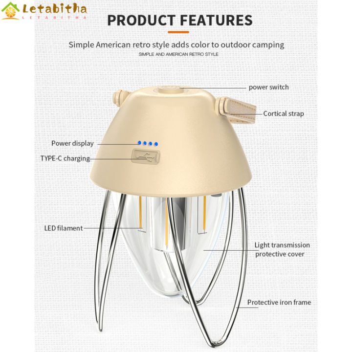 letabitha-โคมไฟ-led-สำหรับตั้งแคมป์-โคมไฟ-led-สำหรับตั้งแคมป์300-400ลูเมนไม่มีไฟส่องสว่างโคมไฟเต็นท์เรโทรไฟฉุกเฉินพร้อมตัวชี้วัดพลังงาน-led
