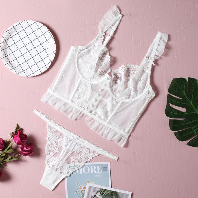 New Embroidery Lace Flowers French Womens Underwear Sexy Push Up Bra Set Romantic Wedding White Lingerie Bras and Panties Set
