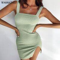 【Ladies shop】 WannaThisNeck StrapKnitted แขนกุดแยก HemParty ชุด SexyElastic SolidBodycon ชุด