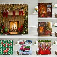 Merry Christmas Bath Curtain ม่านอาบน้ำ 3D มนุษย์หิมะซานตาคลอสต้นไม้กวางตกแต่งผ้าโพลีเอสเตอร์ 180 * 240 ซม. หน้าจอ 180 * 180 ซม