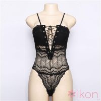 COD DSFGERTERYII Womens Lace-up Front Deep V Neck Eyelash Lace Sexy Bodysuit Lingerie