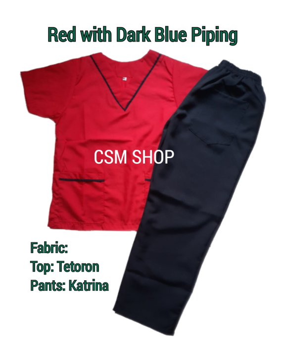 Red With Dark Navy Blue Piping Scrub Suit Set Tetoron Katrina Fabric Combination Lazada Ph