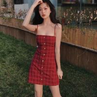 Women Casual Backless High Waist Slim Plaid Sling Dress