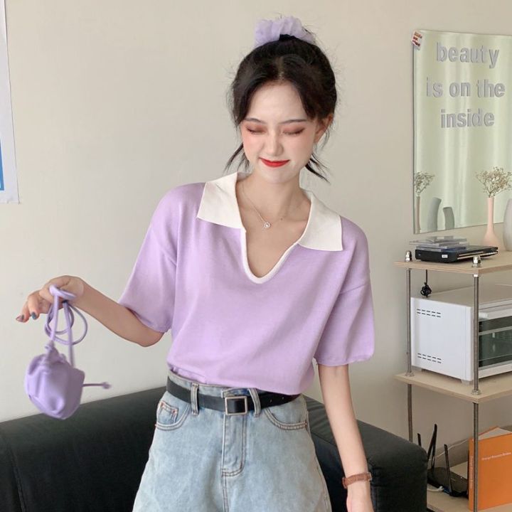 เสื้อยืดแขนสั้นคอวีหลวมสีตัดกันของผู้หญิงเสื้อถักอเนกประสงค์ลำลอง-mode-korea-ฤดูร้อน