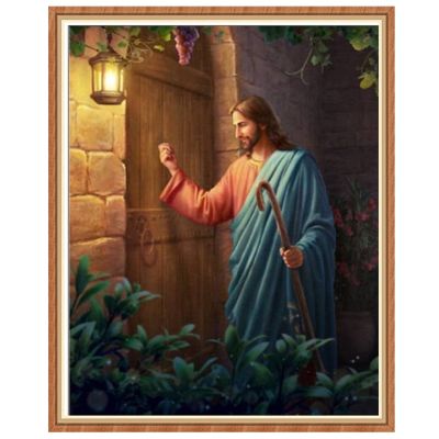 ใหม่เจาะรอบ5D DIY ภาพวาดเพชร "ศาสนาพระเยซูเคาะบนประตู" 3D เย็บปักถักร้อยปักครอสติ5D ตกแต่งบ้าน