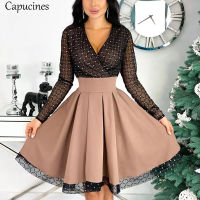 Capucines Fashion Shiny Sequin Diamond Mesh Stitching Dress Women Spring Autumn Sheer Long Sleeve Belted Slim A Line Dresses