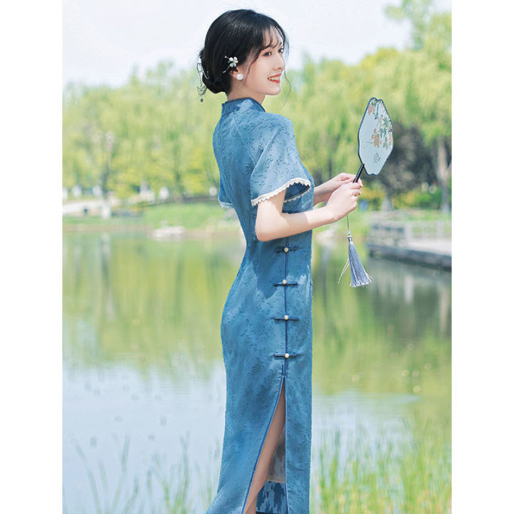 ในสต็อก-ปรับปรุง-cheongsam-2022ใหม่ทุกวันสาวเล็กชุดชีฟองสีฟ้าฤดูใบไม้ผลิและฤดูร้อน