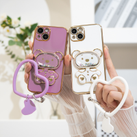 ขาตั้งกระจกแต่งหน้ารูปหมีแบบสายรัดข้อมือซิลิโคนนิ่มเคสสำหรับ Apple iPhone โทรศัพท์14 13 12 11 X XR XS Pro Max Plus เคสฝาหลังที่ทันสมัยและทันสมัย