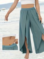 xixibeauty Plus Size Boho Pants, Womens Plus Plain High Rise Wrap Split Front Beach Pants