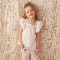 Girls Princess Short Sleeve Pajama Sets.Vintage Toddler Kids Square Neck Lace Pyjamas Set Sleepwear.Summer Children’s Clothing