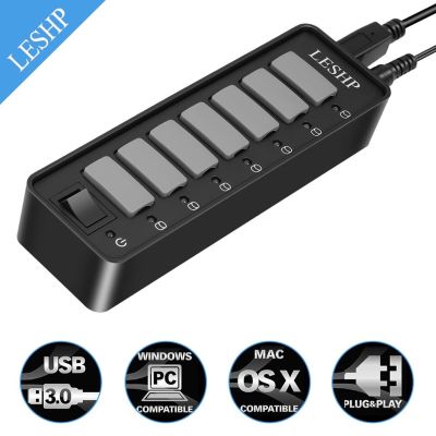 LESHP 7 Ports USB 3.0 Hub High Speed 5Gbps USB 3.0 Data Hub Splitter with LEDs &amp; Switch External Power Adapter for PC Laptop USB Hubs