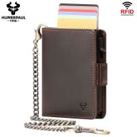 Crazy Horse Leather Card Holder RFID Blocking Card Case Smart Pop-up Cardholder Fashion Mens Wallet with Long Anti-theft Chain Card Holders