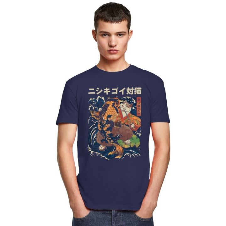 cotton-t-shirt-for-men-japanese-samurai-style-short-sleeve-garment-with-cat-and-koi-print-a-100-cotton-gildan