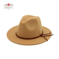 QBHAT Autumn Winter British Style Wool Felt Fedora Jazz Hats With Woven Band Men Women Flat Brim Panama Trilby Formal Hat QB52