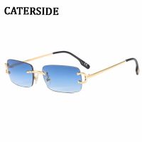 CATERSIDE Blue Rectangular Sunglasses Men Rimless Metal Fashion Square Sun Glasses For Women Gradient Lens Outdoor Eyewear UV400