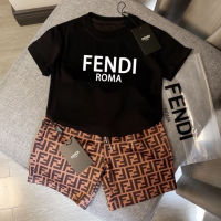 Fendi∮ Kids Cotton Tracksuit Set Short Sleeve Printed T-Shirt And Shorts 2PCS Summer Set Boys Girls