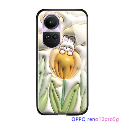 ฟันปลาสำหรับ OPPO Reno10 Pro 5G ปลอกนิ่มลายดอกไม้สามมิติสุดหรูเคสกันกระแทกเคสโทรศัพท์กระจกเทมเปอร์เรียบ