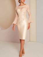 【YF】 Sheath / Column Mother of the Bride Dress Plus Size Elegant Vintage Jewel Neck Knee Length Lace Satin Long Sleeve with Appliques