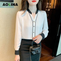 AOLINA 2022ฤดูใบไม้ร่วงใหม่ความรู้สึกการออกแบบสีขาวของเสื้อขนาดเล็กอารมณ์ทุกการแข่งขันชีฟองเสื้อเชิ้ตแขนยาวของผู้หญิงด้านบน