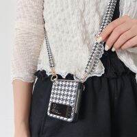 หรูหราแฟชั่น C Rossbody ยาวเชือกเส้นเล็กสร้อยคอสาย Houndstooth ซองหนังสำหรับ S Amsung G Alaxy Z พลิก4 3 2 1 5กรัม Flip3 Flip4ปกคลุมด้วยเชือก