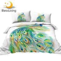 【hot】▪✠¤ BlessLiving Colorful Peacock Bed Set 3 Piece Turquoise Duvet Cover Watercolor Feathers Ethnic Bedspread