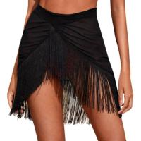 QianXing Shop Womens Mesh Swimsuit Blouse Fringe Irregular Perspective Skirt