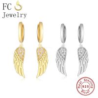 FC Jewelry 925 Silver Small Circle Gold Color Angel Wings Feather Zirconia Hoop Earring For Women Ear Piercing Accessories 2020