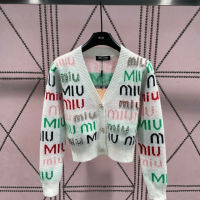 Black White Womens Early Autumn New Knitted miu miuˉSingle-Breasted Cardigan Letter Jacquard Beaded Loose Striped Sweater Sweater 2023 Cardigans
