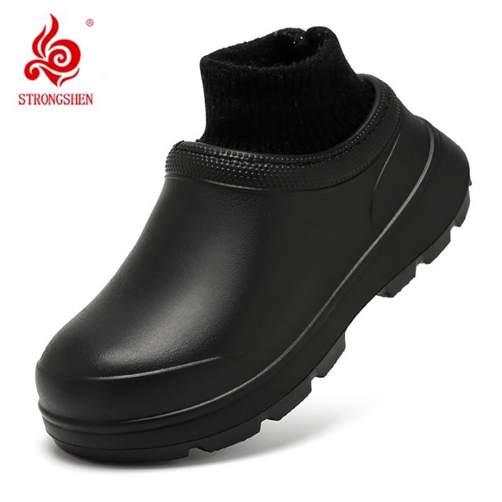 STRONGSHEN Men Warm Kitchen Working Shoes Non-slip Fur Waterproof Chef Shoes  Unisex Work Shoes Water Shoes Rain Cotton Boots 