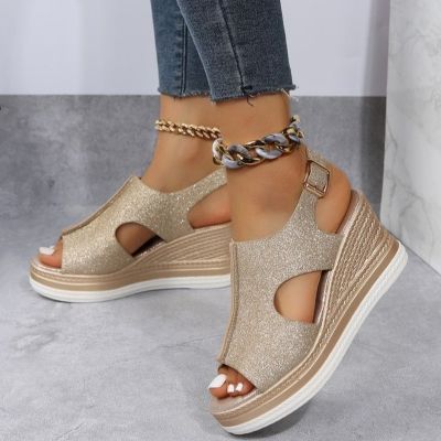 2023 New sparkling color gold silver womens casual wedge sandals line buckle open toe womens large size summer wedge sandals