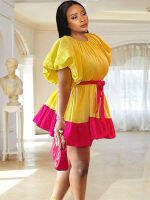 Cute Women Cotton Dress Puffy Short Sleeve Belt Casual Fashion Mini Shirt Dress Bright Yellow Pink Party Birthday Club Gowns 4XL