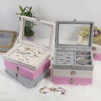 Gray Velvet Carrying Case with Glass Cover Jewelry Ring Display Box Tray Holder Storage Box Organizer Earrings Ring Bracelet