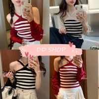 DD SHOPพร้อมส่ง B242 เสื้อกล้ามไหมพรม ดีเทลลายทาง3สี น่ารักใส่สบาย