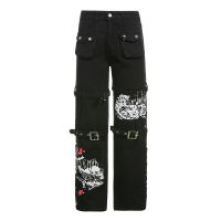 Pattern Print High Waist Womens Jeans Straight Baggy Streetwear Black Side Button Denim Pants Hiphop Y2k Harajuku Trousers 2021