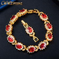 Cwwzircons รูปไข่ Cubic Z irconia หินสีเหลืองทองใบรูปร่างสร้อยข้อมือกำไลข้อมือสำหรับผู้หญิงฝ่ายเจ้าสาวเครื่องประดับสีเขียวสีฟ้าสีแดง 4 สีตัวเลือก