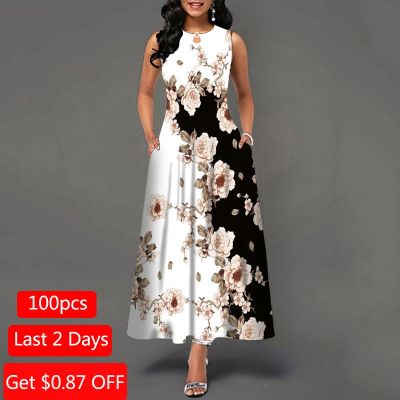 2023 New Floral Printed Dresses For Women Summer Bohemia Vintage Sleeveless Long Dress Elegant Party Maxi Dresses With Pockets