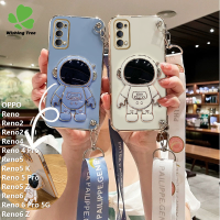 เคสสำหรับ OPPO Reno Reno2 Reno2 F Reno4 Reno 4 Pro Reno5 Reno5 K Reno 5 Pro Reno5 Z Reno6 Reno 6 Pro 5G Reno6 Z แฟชั่นการ์ตูนนักบินอวกาศยืนเคสโทรศัพท์น่ารักเทรนด์6D เคสโทรศัพท์ TPU นุ่มโลหะด้วยไฟฟ้าพร้อมคอสายคล้อง