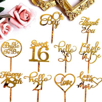 Happy Birthday Cake Topper Golden Acrylic Wedding Anniversary Cake Decoration Party Supplies Dessert