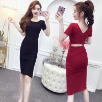 Women Sexy Solid Color Short Sleeve Round Neck Bodycon Club Dresses