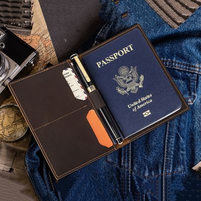 （Layor wallet）  CONTACT 39;S Passport Cover Card Holder Men Genuine Leather Slim Passport Organizer With Pen Slot Travel Wallet Document Holder