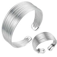 【lz】┇✸  925 Sterling Silver Multi-Line Bangle e Rings Set para mulheres tamanho ajustável Jóias pulseiras retrô finas presentes de festa de aniversário moda