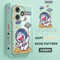 เคส PMP สำหรับ Tecno Spark 10 Spark 10C ฟรีสายคล้องเคสรูปการ์ตูนโดราเอมอนน่ารักแบบอวกาศนักบินอวกาศขอบสี่เหลี่ยมชุบเคสโทรศัพท์เคสโทรศัพท์นิ่มสุดหรู