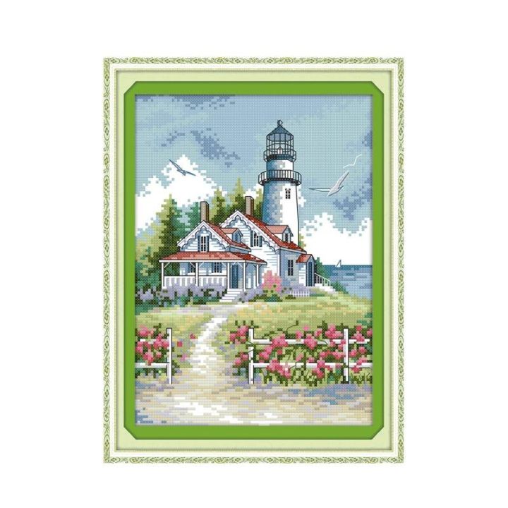 lighthouse-2-cross-stitch-kit-seaside-building-pattern-pre-stamped-in-fabric-stitches-embroidery-diy-handmade-needlework-plus-needlework