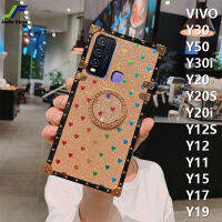 JieFie สำหรับ VIVO Y20 Y16 Y11 Y12 Y15 Y17 Y19 Y20S Y20i Y12S Y30 Y50 Y30i แฟชั่นรูปหัวใจโทรศัพท์กรณีที่มีสีสัน Shine Diamond TPU ซิลิโคนสแควร์โทรศัพท์กลับปกคลุมด้วยขาตั้งแหวน