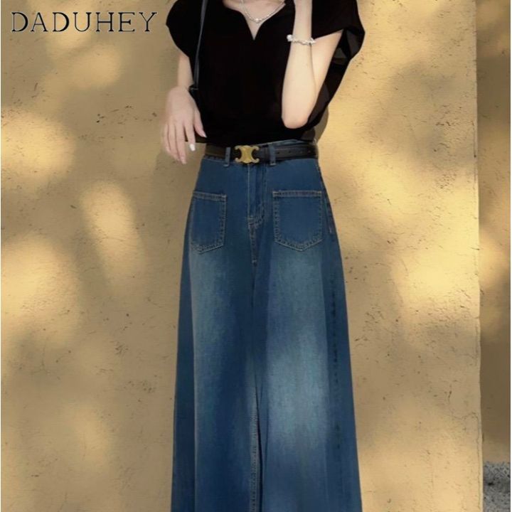 daduhey-womens-korean-style-new-summer-retro-washed-out-jeans-high-waist-wide-leg-loose-dropping-casual-mop-pants