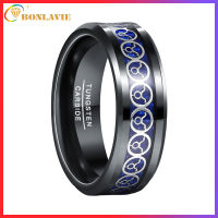 BONLAVIE Tungsten Rings for Men Women 8mm Black Blue Two Tone Constellation Pattern Tungsten Wedding Bands Polished Beveled Edge Comfort Fit Size 7-12